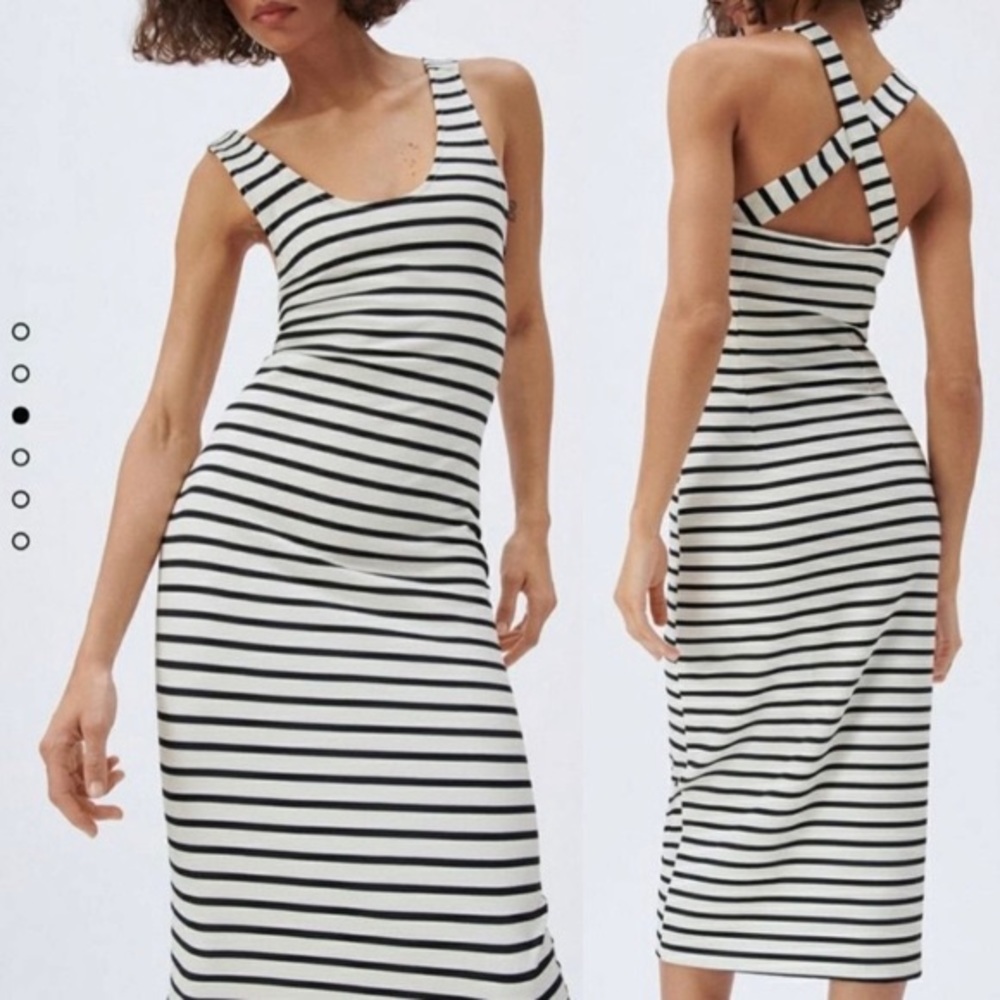NWT Zara Nautical Stripped Sretchy Midi Dress with Cross Cross Back